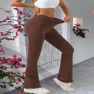 Women's High-Waist Flare Yoga Leggings with Pockets Brown M-XL